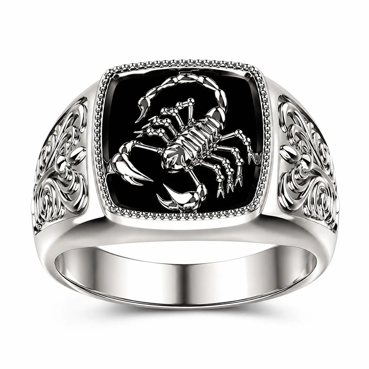 Vintage 3D Scorpion Signet Ring for Men, Silver-Tone Alloy Gothic Ring with Black Square Face, Ornate Scroll Scorpio Zodiac Statement Jewelry