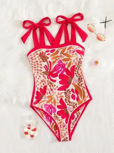 Women's Floral Print Tie Shoulder One-piece Swimsuit, Casual Sleeveless Swimwear for Beach Holiday Vacation, Ladies Swimsuit for All Seasons, Floral Swimsuits