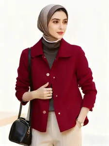 Women's Elegant Long Sleeve Wool Blend Coat Button Front Jacket, Casual Fitted Design with Pockets, Spring & Fall Fashion Outerwear for Muslim Ladies