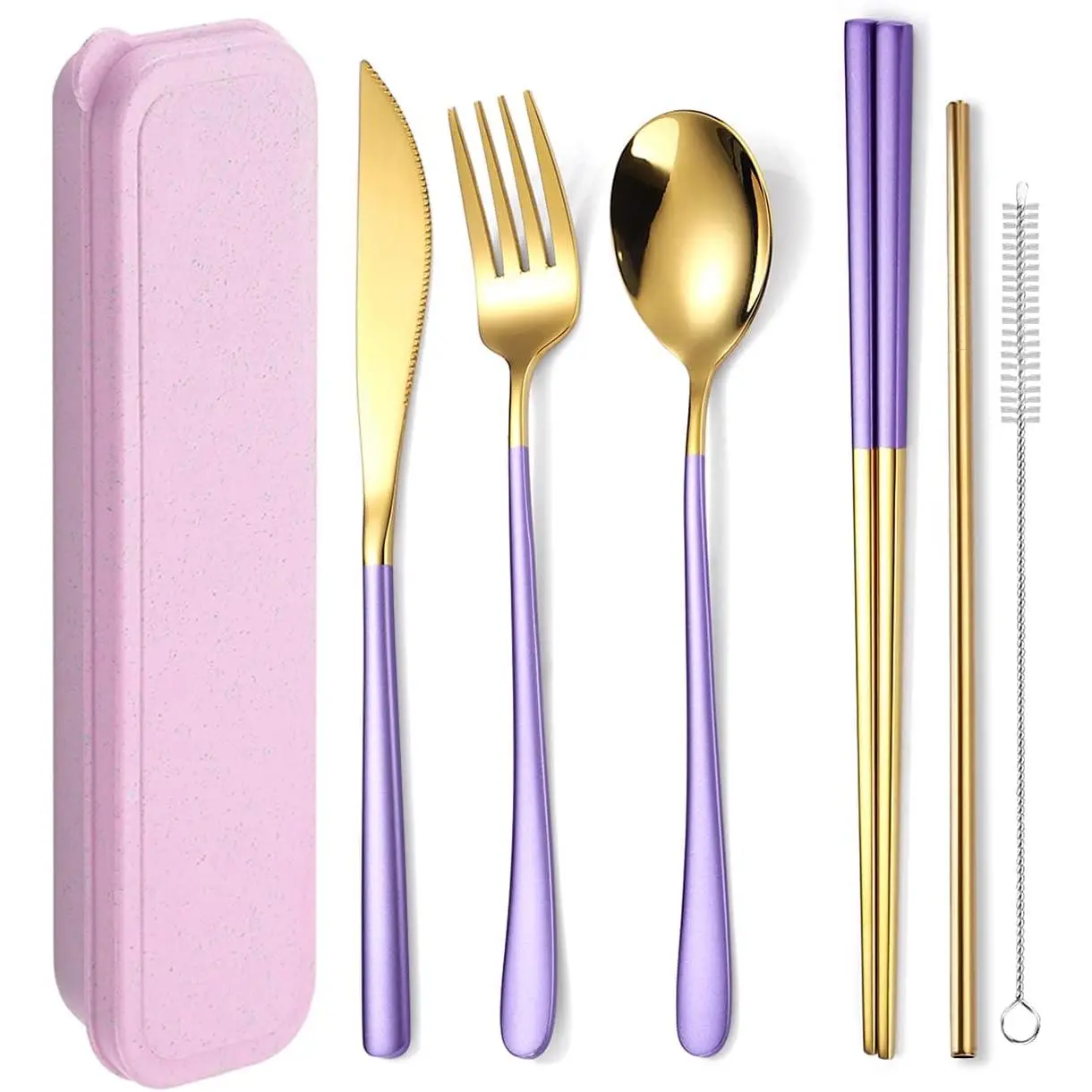 6 count 18/8 Stainless Steel Flatware Set Portable  Cutlery Set Travel Utensils Set Including Chopsticks  Fork Spoon Straws Cleaning Brush Dishwasher Safe (Purple golden)