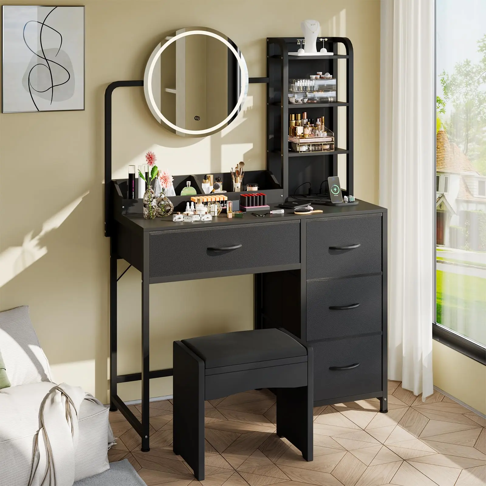 Small Makeup Vanity Desk w/ Led Lighted Round Mirror & Power Outlet with 4 Fabric Drawers & 3 Shelves, Modern Dressing Table for Bedroom, 35.43"D x 15.75"W x 51.18"H