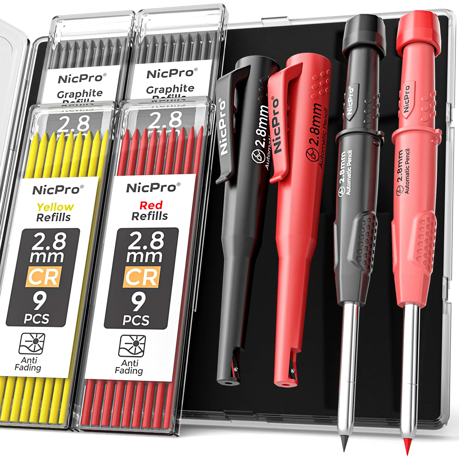 Nicpro CP3000 Carpenter Pencils with Sharpener, Mechanical Pencil Set with Refills, Carpenter Construction Pencil Heavy Duty Woodworking Tools for Architect Marking - With Case
