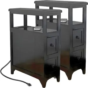 Narrow Nightstand Set of 2 Black 8" Solid Wood End Table with Charging Station & Drawers for Small Spaces