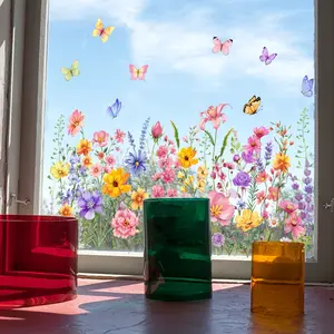 A (30*60cm) creative colored flower and butterfly spring single-layer static cling window sticker, decorative background window display sticker, Decoration (D16038-YJ)