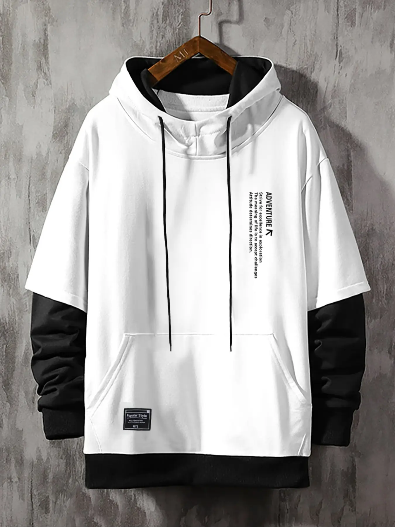 Men's Color Block Fake Two Piece Pullover Hoodie, Street Fashion Hoodie, Adventure Letter Print Loose Long Sleeve Top for Campus, Commute, Outdoor Travel & Daily Street Casual Wear, Men's Fall Outfits & Winter Outfits, Pullover Hoodies