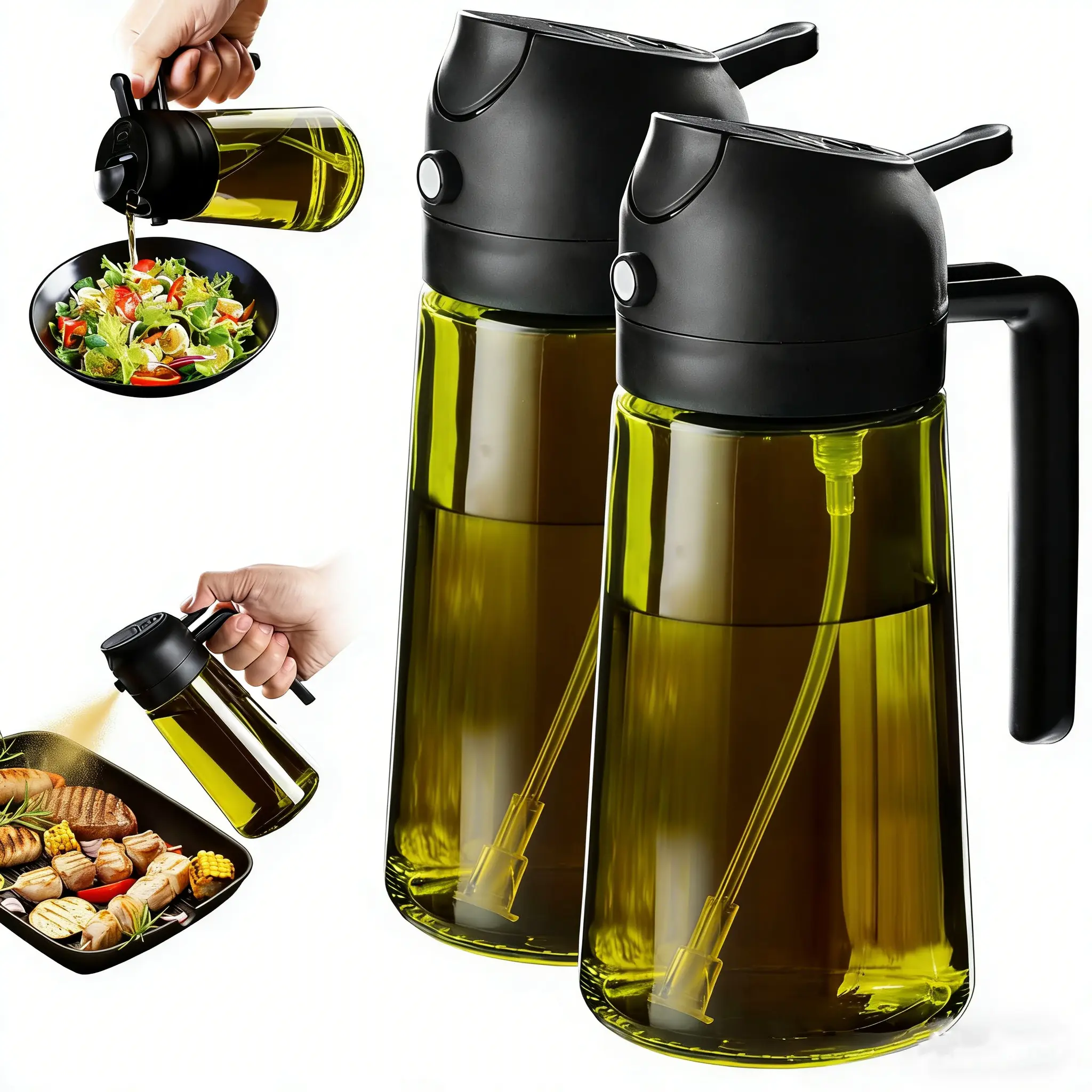 Classic 2-Pcs Light-Block Oil Storage Sprayer Dispenser Set (2-Count 16oz/470ml Bottles) – Home Supplies Kitchen Gadgets, Air Fryer Cooking Accessories with Stickers for Keeping Fresh Oil Longer, 2 Pcs Set, Spray&Pour