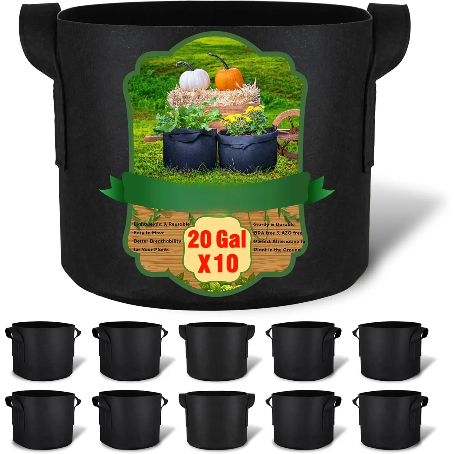 10-Pack 20 Gallon Grow Bags, Aeration Fabric Pots with Handles