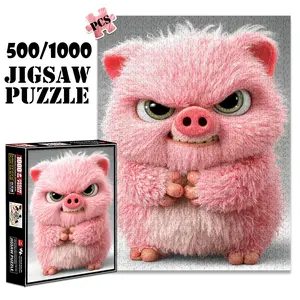 1pc 1000 piece adult puzzle 70x50cm Cute Pink Furry Pig Figurine with Grumpy Expression 500 pieces of paper jigsaw puzzle, suitable for adults and families, large-scale DIY puzzle interactive toy g