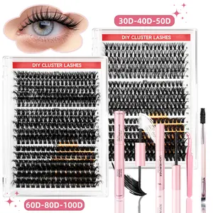 Lash Clusters Kit, 640 Pcs EyelashesWeekly DealsClusters Extensions Kit Individual LashesD Curl Fluffy Wispy False Eyelashes Thin Band withBond Seal Tweezers Brush DIY Natural Look ShortCat Eye Eyelashes Set (30D+40D+50D  60D-80D-100D Kit)