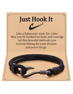 Men’s Fishing Hook Bracelet Gift for Him Adjustable Nautical Rope Bracelet Inspirational Bracelet with Message Card