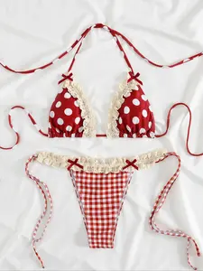 New Soft Padding Polka Dot Lace Trim Bow Decorative Halter Tie Back Sexy Contrast Tie Side Bikini Set, Summer Beach Fashion Women's Elegant Swimsuit