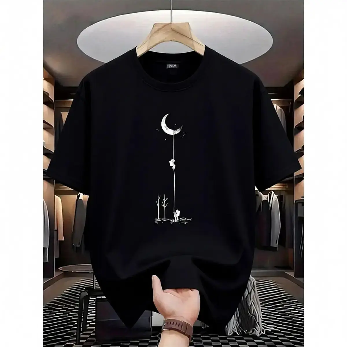 Men's Moon Landing Graphic Tee - Comfortable & Stretchy, Perfect for Summer Outdoor Activities| Casual Street Style Round Neck T-Shirt in Black, Burgundy, Dark Green, Blue, Grey