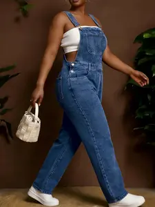 Women's Plus Size Denim Washed Straight Leg Sleeveless Bib Overall Pants, Fashion Casual Fit for Daily Wear, Party Work Date Suitable