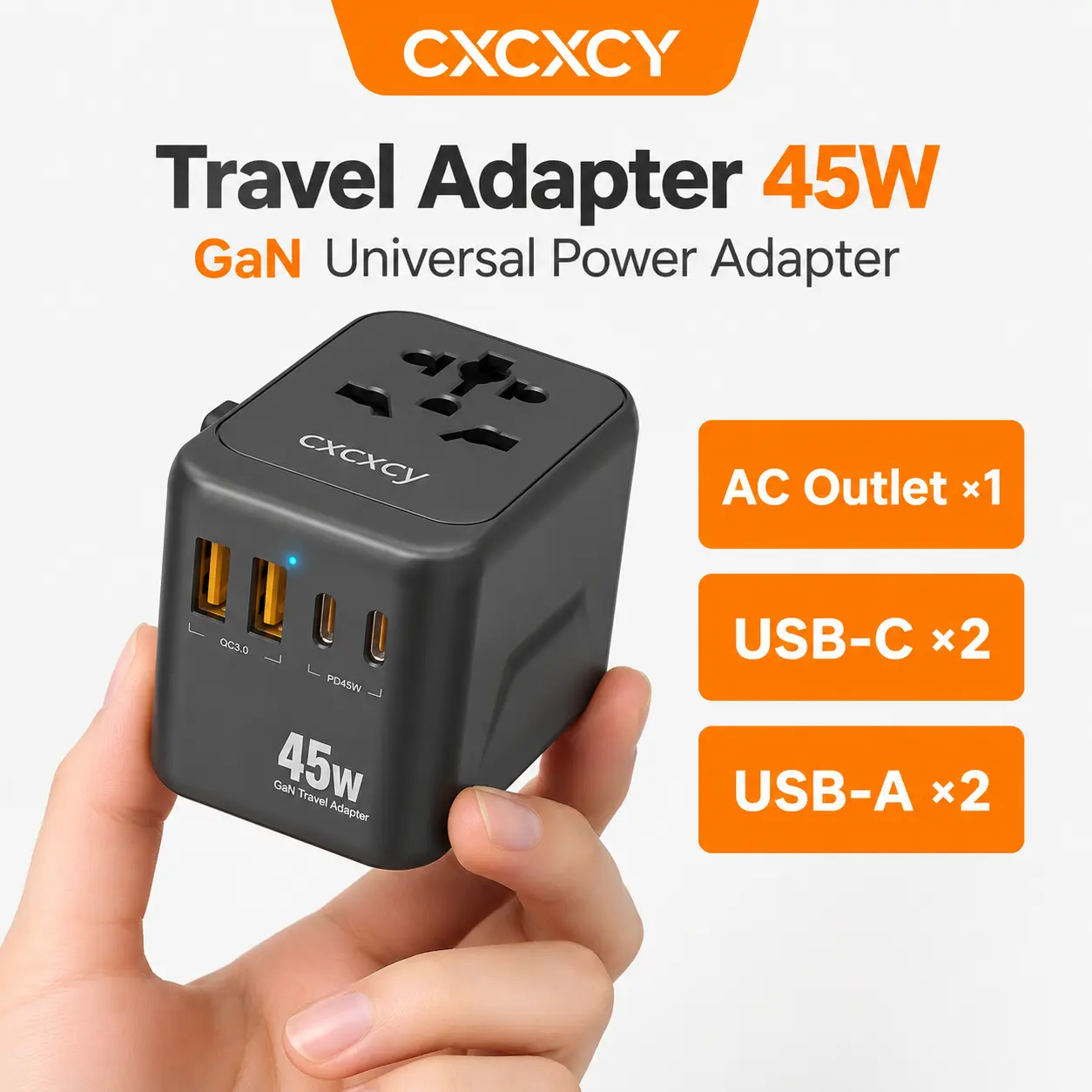 CXCXCY 45W GaN Universal Travel Adapter, 5-Port International Power Plug with 2 USB-C PD, 2 USB-A QC 3.0 & 1 AC Outlet for US/EU/UK/AU
