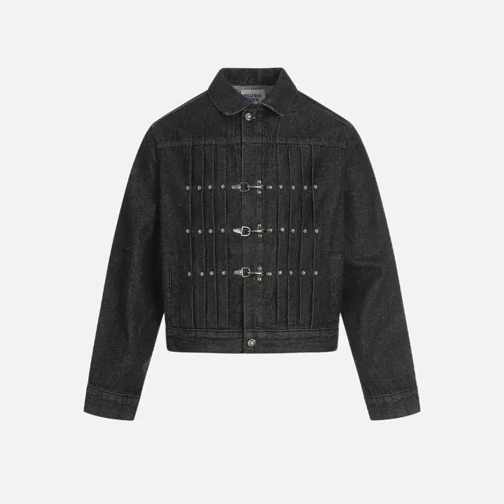 Aelfric Eden Pleated Metal Button Denim Jacket Cropped Boxy Silhouette Pleated Metal Buckle & Stud Embellishment Classic Turn Down Collar Washed Black Denim Fabric Ribbed Cuffs & Hem Punk High Street Streetwear Unisex Outerwear