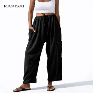Women’s Linen Blend Wide Leg Pants High Waisted Loose Fit Palazzo Harem Pants with Pockets, Casual Summer Beach Vacation Outfit Drawstring Womenswear Breathable Fabric Everyday