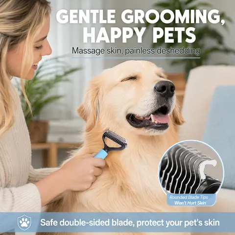 Left-Handed Metal Deshedding Tool for Dogs & Cats - Stainless Steel Serrated Blades, Anti-Slip Handle, Painless Tangle Relief, Knot/Dead Fur Removal, Shedding Grooming Brush, Pet Beauty/Hair Care Supplies