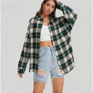 Women’s plaid flannel button-down shirt, long-sleeved, with a detachable collar for a business-casual look
