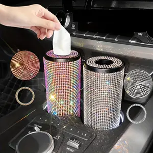 3pcs Metal Cylinder Car Tissue Box,Bling Car Tissue Holder,3pcs Tissue Box Cover Set,Rhinestone Crystal Shiny Glitter Bling Box