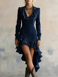 Women's Vintage Western Country Style Ruffle Denim Dress, No Iron Required, Cross-Border European Size, Perfect for Farmhouse Aesthetic