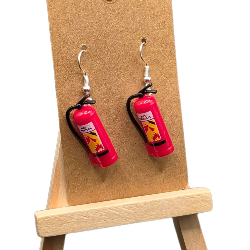 Firefighter Theme Dangle Earrings - Red Plastic Fire Extinguisher Design, Unisex Casual Earring Accessories, Ideal Gift for Enthusiasts