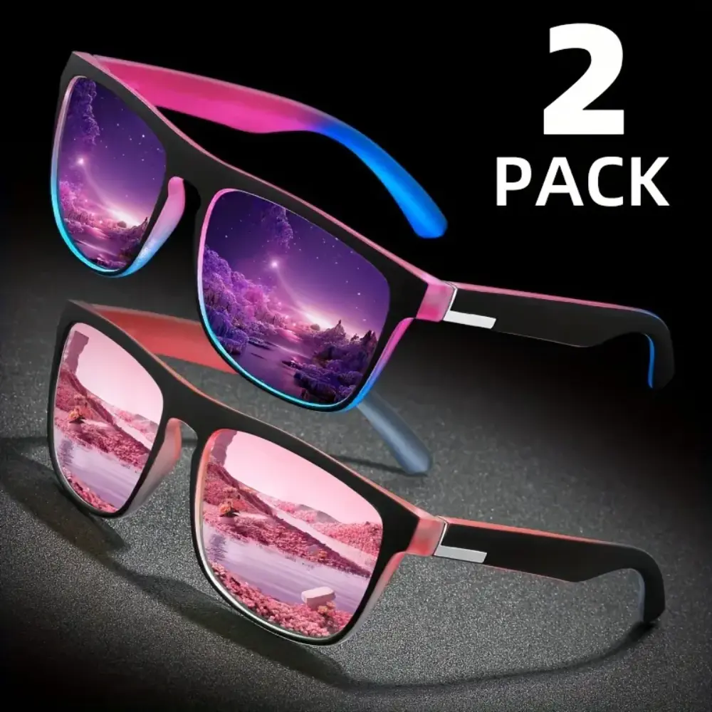 Unisex Square Sunglasses 2-Pair Set, Polarized Trendy Shades with Bold Solid Color Composite & Metal Frames for Parties & Festivals tiktokshopbacktoschool