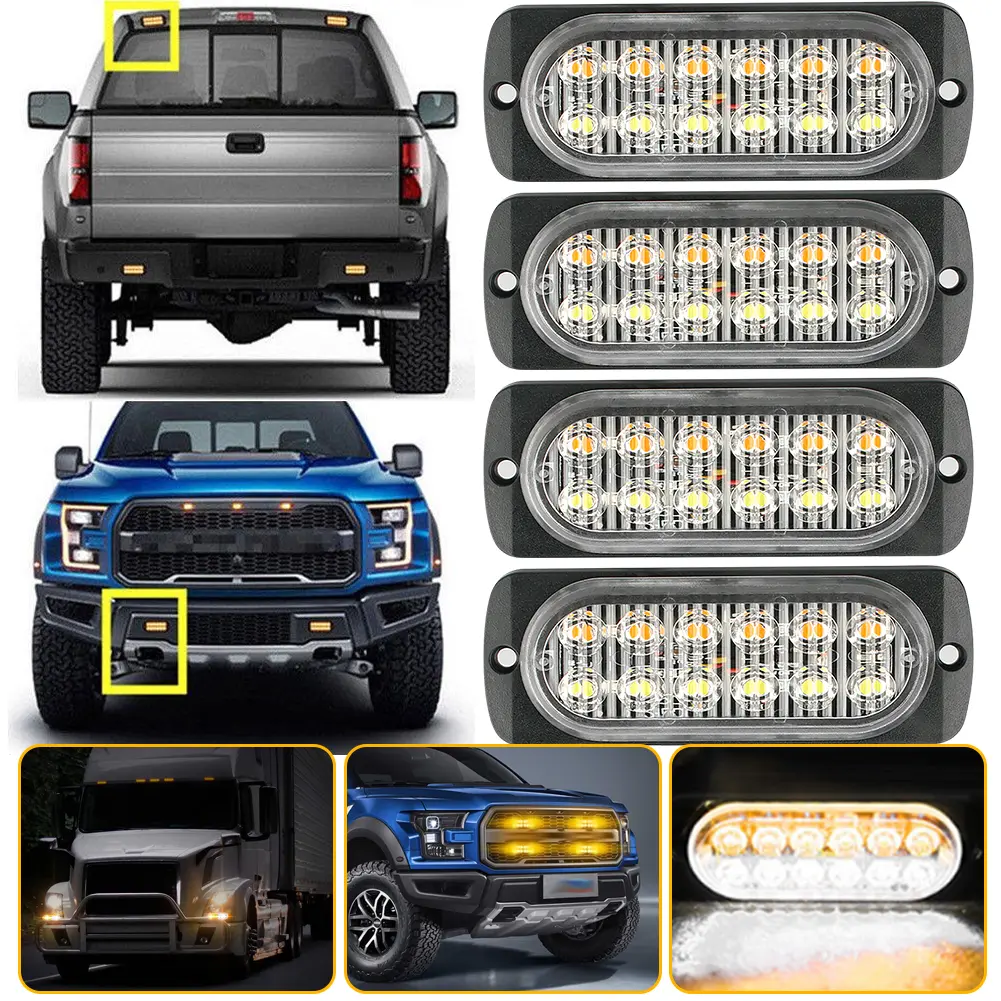 White & Amber LED Strobe Lights for Truck Pickup Trailer, 12LED/24LED Emergency Warning Flashing Lights, 12V-24V Waterproof Hazard Light Bar
