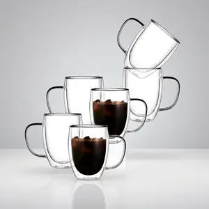 6 Pack 12oz Double Walled Clear Insulated Glass Coffee Mugs with Handle for Latte Cappuccino and Tea