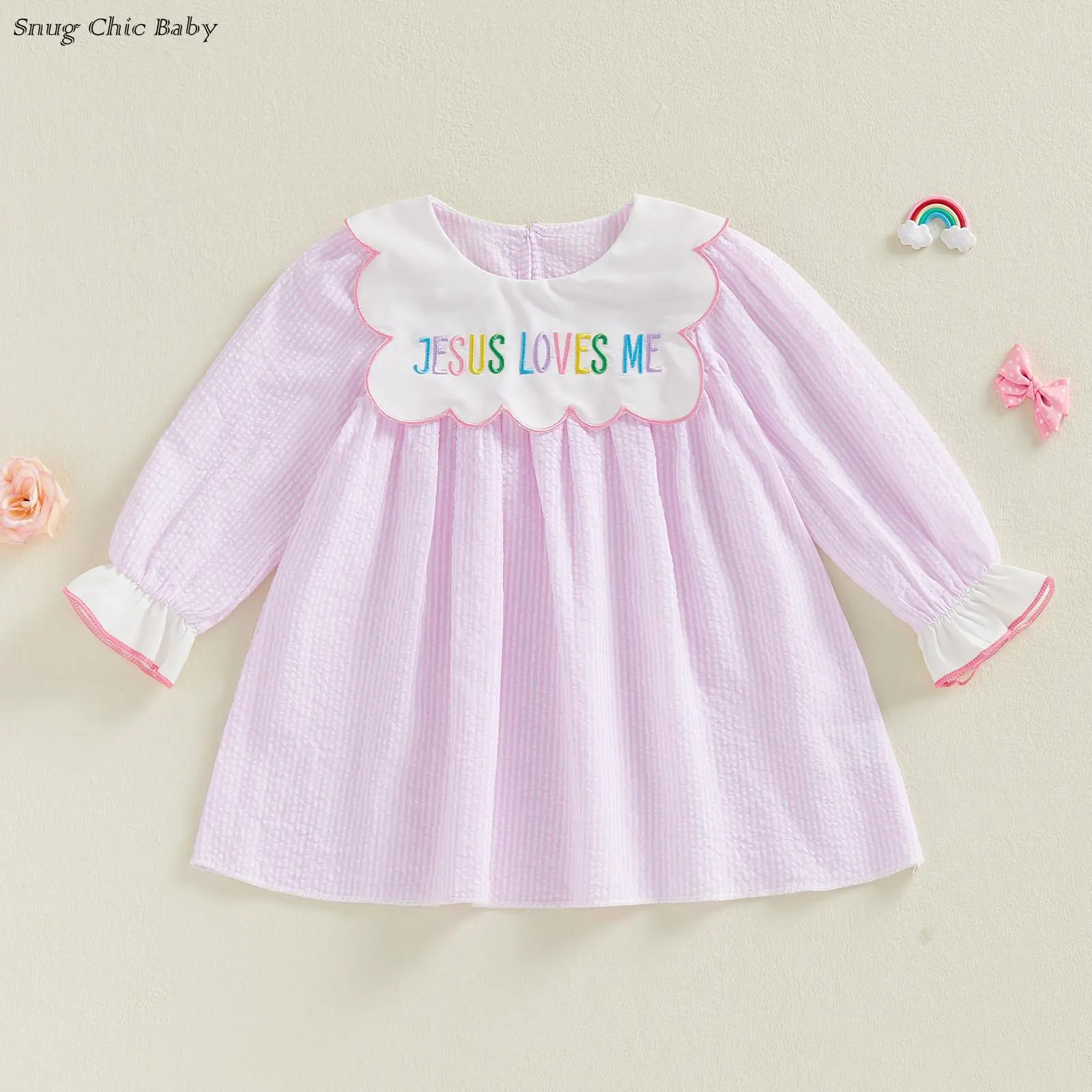 Sweet and adorable Easter dress for baby girls, 'Jesus Loves Me' - Pink striped ruffled collar long-sleeved toddler dress, baby puff sleeve outfit (1-7 years old)