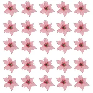 50 Pack Glitter Poinsettia Christmas Tree Ornaments 5Inch Artificial Silk Flowers Picks Decor Wreath Garland (Pink)