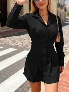 Black mini dress, asymmetrical hem black mini dress | High neck, long sleeves, ruffled, Ruched design, suitable for daily casual wear or parties, with elastic waist details, a trendy Instagram popular style, Elegant