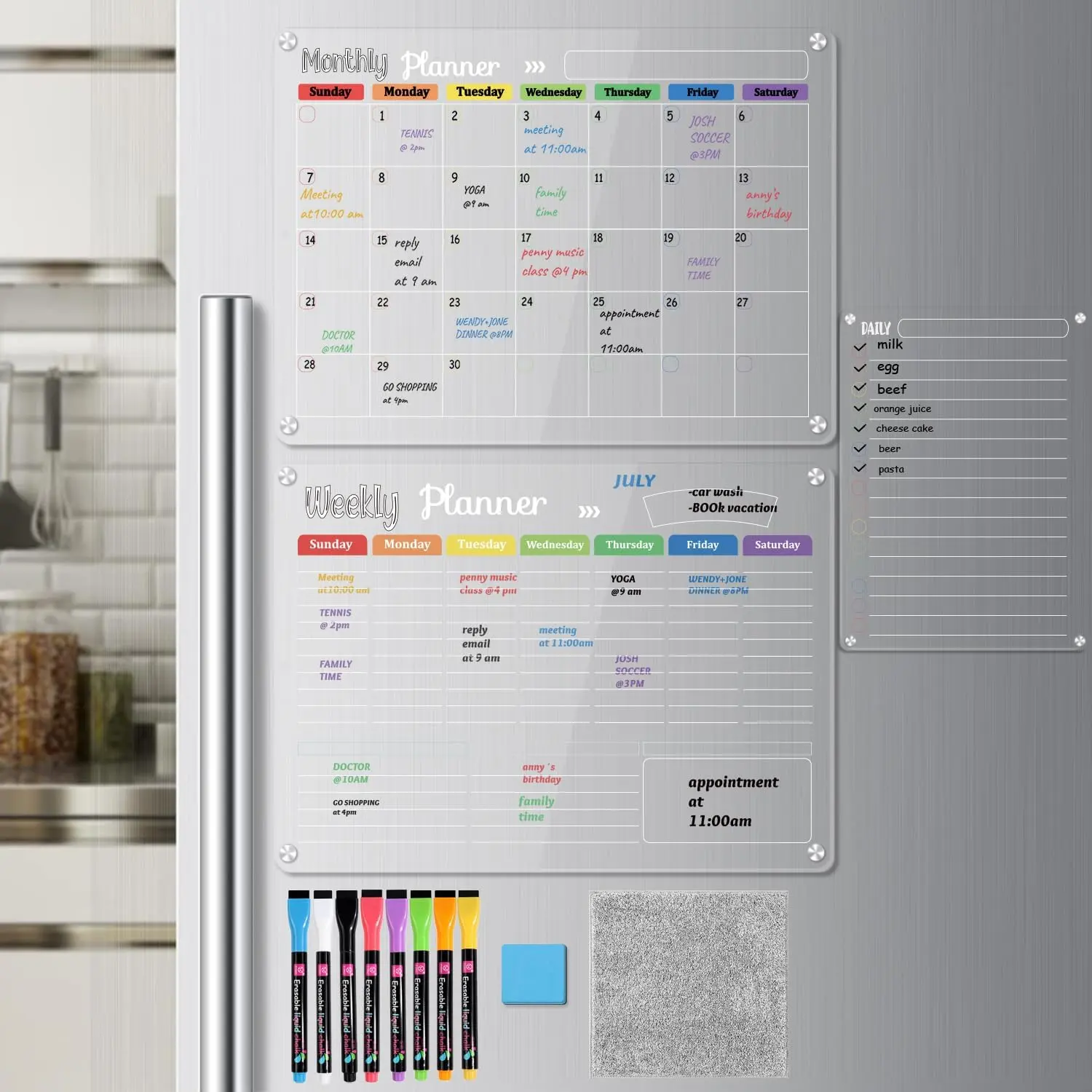 Hivillexun 3-Pack Modern Acrylic Magnetic Dry Erase Boards Set - Calendar, Family Planner, Easy to Write and Erase, Scratch-Resistant Surface, Fits Most Refrigerators for Office Time Management, Set 3-Piece tiktokshopbacktoschool