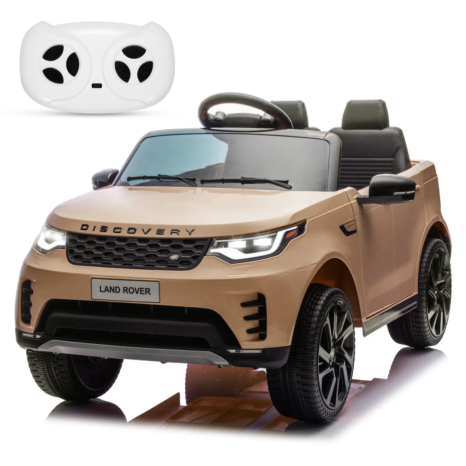 Licensed Land Rover ride-on car for kids ages 3 to 8. 12V dual-drive, parent remote control, two-seater design. Available in seven colors including light blue, black, dark blue, pink, red, champagne, and white.