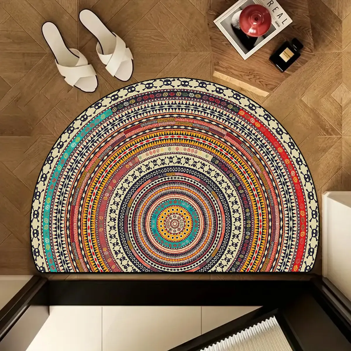 1 piece bathroom floor mat, semi-circular rug, Household Decorative Rug, Boho style rug, retro bohemian ethnic pattern, soft comfortable non-slip, easy to clean machine washable, bathroom entrance home decoration, suitable for bathroom entrance