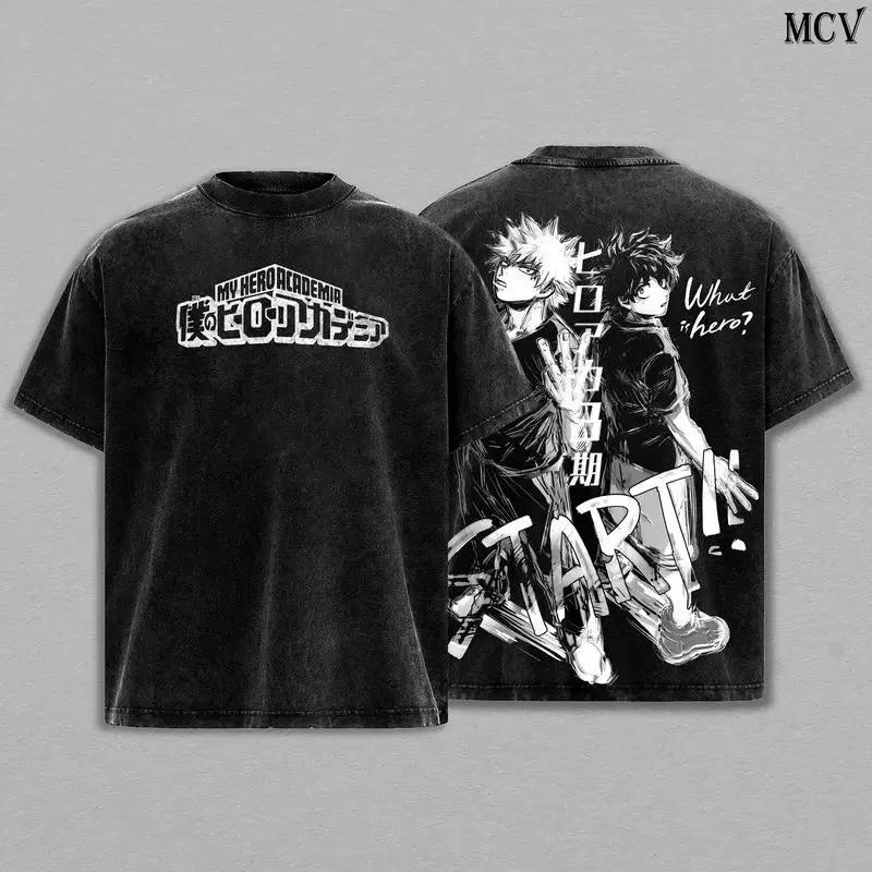 Men's My Hero Academia Bakugo Oversized Washed Double-Printed Cotton Short-Sleeve Tshirt - Lightweight, Comfortable Fit, Round Neck, Menswear, Ideal for Valentine's Day, Chinese New Year Gifts, Casual Mens Top