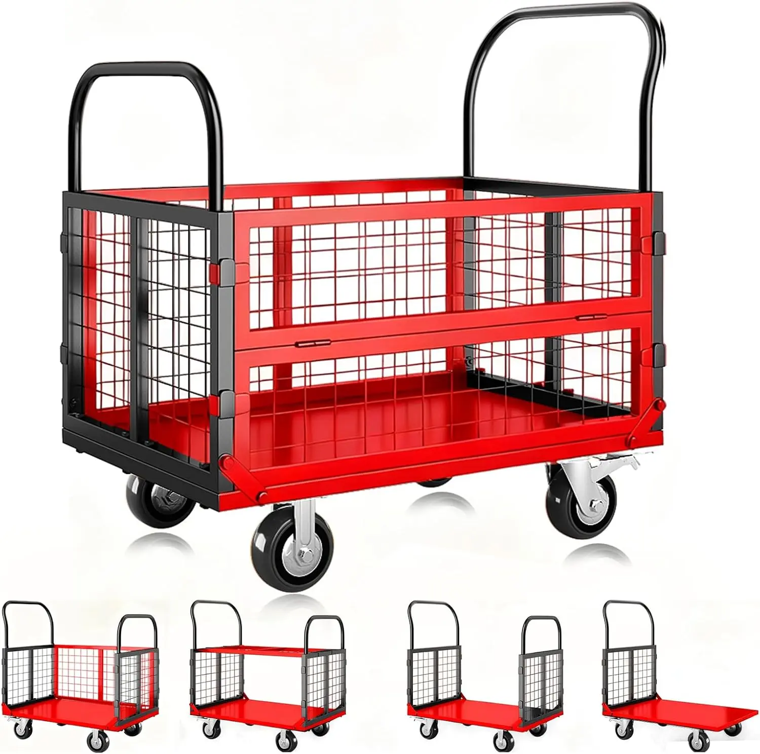 Gaomon Foldable Portable Wagon - 6-in-1 Multi-Purpose Cage Platform Truck, 4-Wheel Flatbed Hand Push Dolly with 1800LBS Load Capacity for Warehouse, Office, Gardening Supplies Use