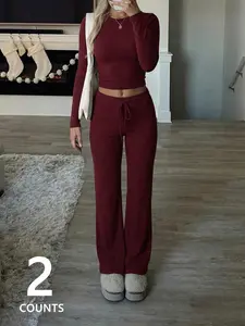 Women's 2-Piece Wine Red Loungewear Pajama Set | Soft stretchy long sleeve crop top & wide leg pants, cozy casual outfit perfect for home relaxation & daily street style