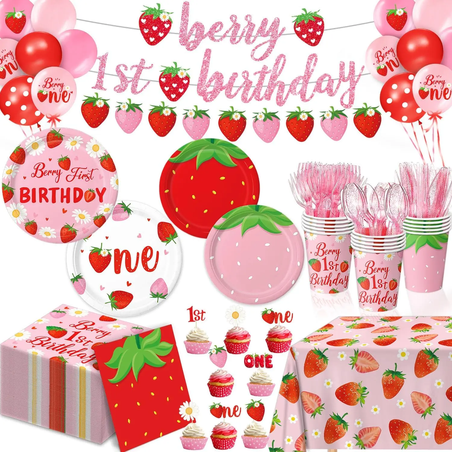Strawberry Theme 1st Birthday Disposable Decorations Set - 20-Serve Plates, Napkins, Cups, Cutlery, Cupcake Toppers, Banner, Tablecloth, Festive Balloons, Party Favors for Girls (Home & Festive Supplies, Birthday Theme Balloons)