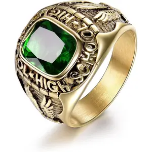 Emerald Color Green Stone Ring Stainless Steel Male Jewelry Eagle High School Rings Size 8-15