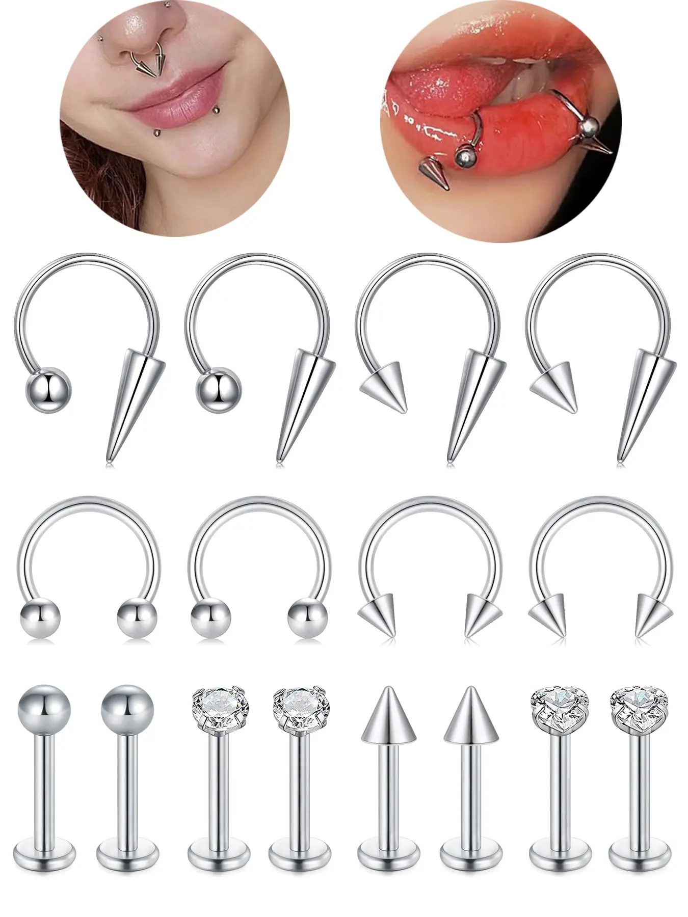 16gauge Horseshoe Lip Rings Lip Studs Side Labret Jewelry Body Jewelry Spike Snake Bite Piercing Jewelry Tragus Helix Earrings Medusa Piercing for Women Men 8mm Helix Cartilage Piercing Helix Pierced Ring Piercings Jewelry