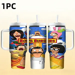1pc 40oz Bob's Burgers Stainless Steel Insulated Cup, Large Capacity Portable Car Water Bottle with Handle & Straw, Cartoon Peripheral Drinkware