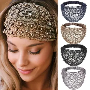 4 Pcs Boho Crystal Pearl Lace Headbands for Women Fashion, Wide Floral Elastic Hair Accessories for Weddings, Daily Styling & Special Occasions Round Vintage