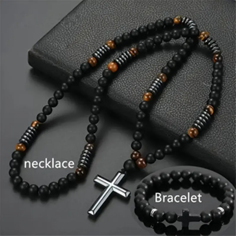 Men's 2Pcs Beaded Jewelry Set - 8mm Matte Black Natural Stone & Yellow Tiger Eye Cross Pendant Necklace, Beading Bracelet - Cool Daily Wear Gift