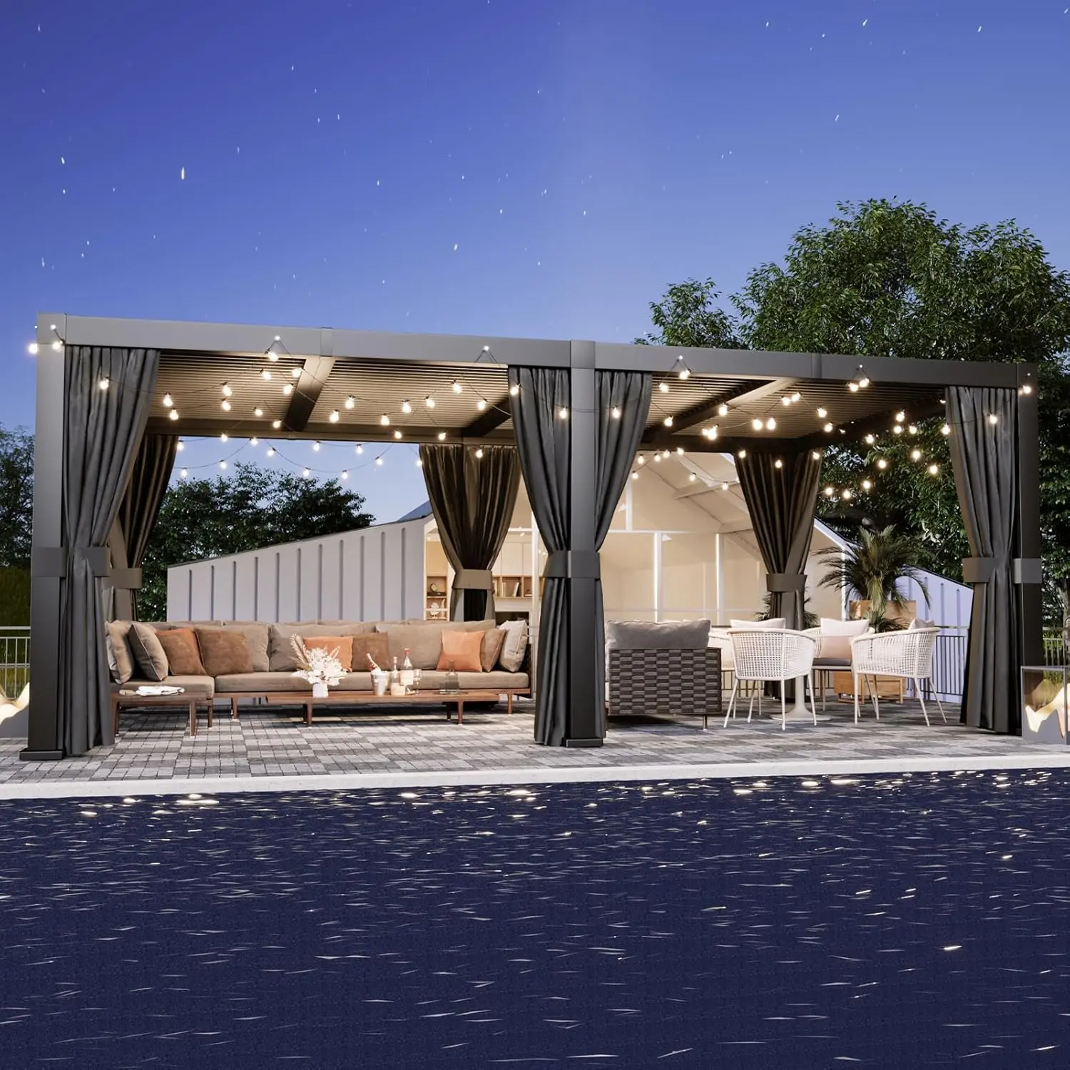 Aoxun Modern 12x20ft Rectangular Aluminum Louvered Pergola, Outdoor Shade Solution with Independent Adjustable Roofs, Curtains, Netting, Built-in Drainage System, Rust-Resistant Frame for Patios & Backyard Relaxation, Outdoor Shade Solutions, Poolside Are