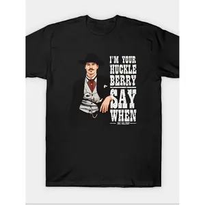 Tombstoneie "I'm Your Huckleberry Say When" Vintage Western Graphic T-Shirt - 220g 100% Cotton Crew Neck Short Sleeve Tee, Ultra-Soft Breathable Unisex Casual Shirt for Movie Fans, Teens & Youth, Cowboy Print Tee | Heat Transfer Print