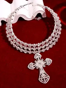 Women’s fashionable, unique Gothic Victorian dark Y2K jewelry: a multi-layer necklace/pendant featuring a sparkling cross inlaid with zirconia beads—elegant and festive party accessory
