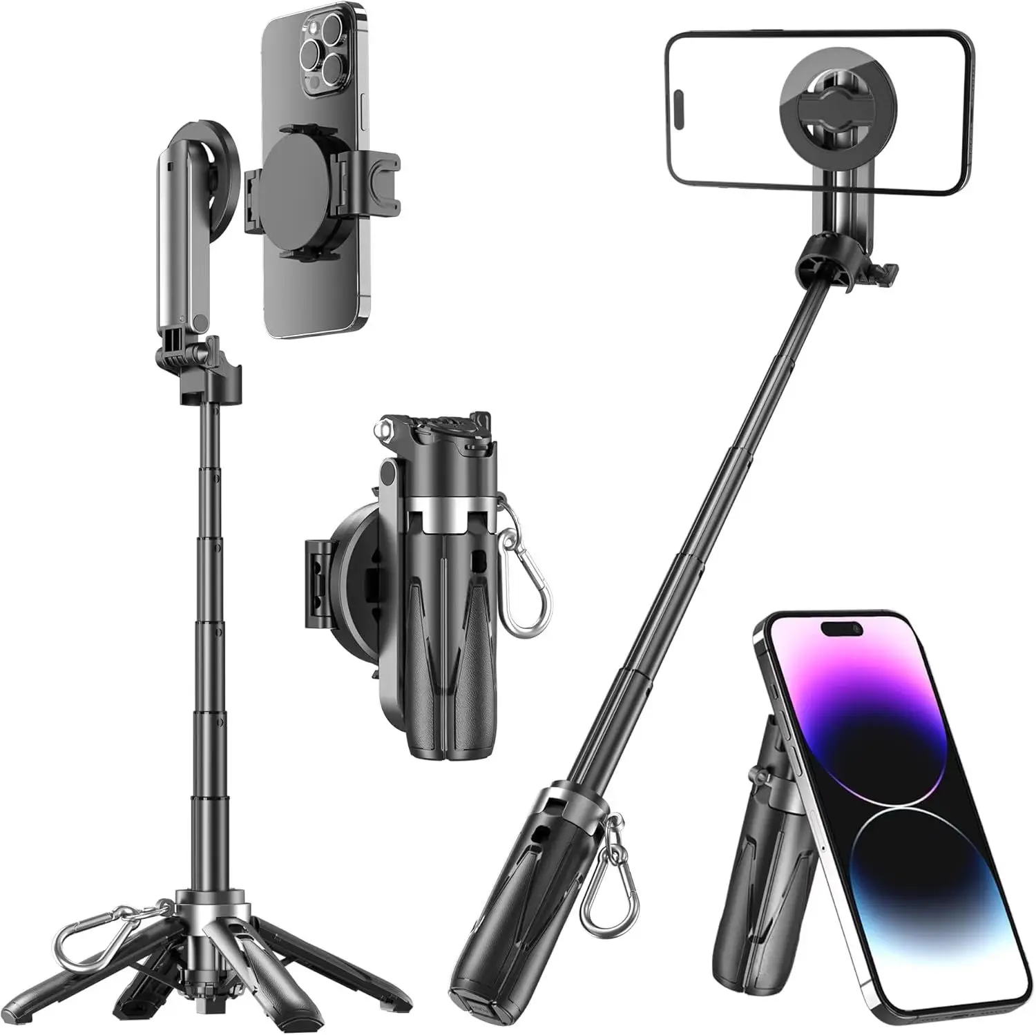2025 New 4-in-1 Multifunctional Magnetic & clamping Selfie Stick, 360 Rotating Angle, Mini Size, Foldable Storage, Phone Holder Tripod , Camera Grip,