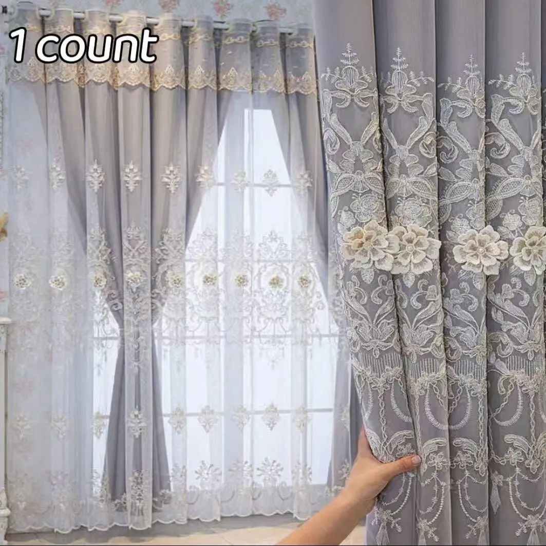 European Luxury Double-Layer Ruffled Sheer Curtain, 1 Count Princess Style Window Cover, Home Window Decor for Living Room and Kids Room, Window Decorations Supplies, Blackout Bedroom Curtains, Home Decorative Curtain