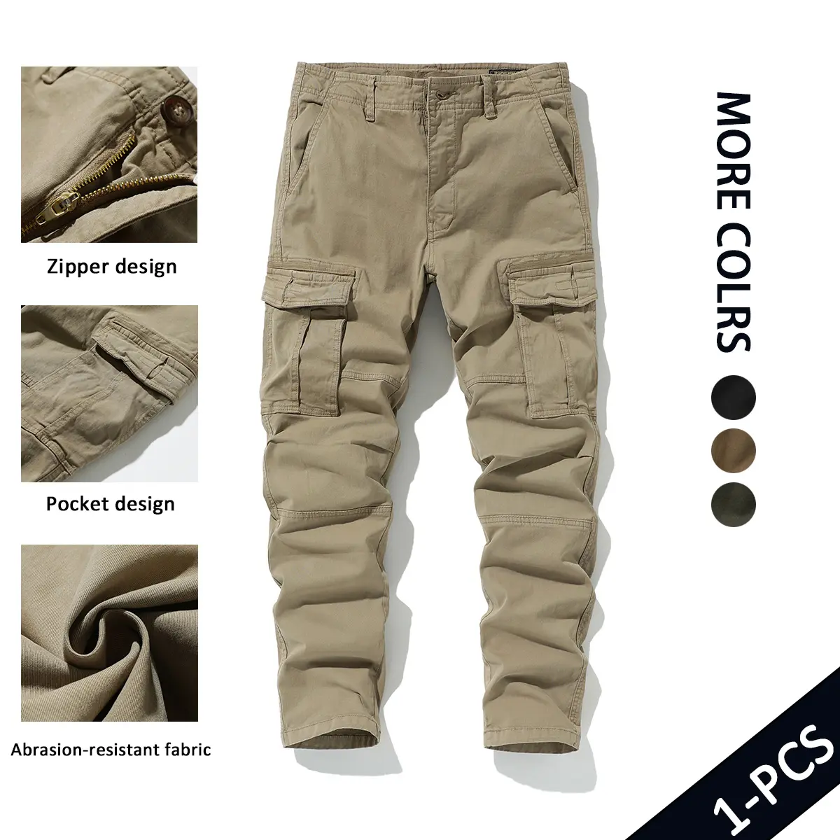 Men's Cargo Pants - Plain, Micro-Elastic, Regular Fit Straight Pants with Multiple Pockets, Zipper, Comfy Durable Fabric, Casual Basic Trousers for Outdoor Work