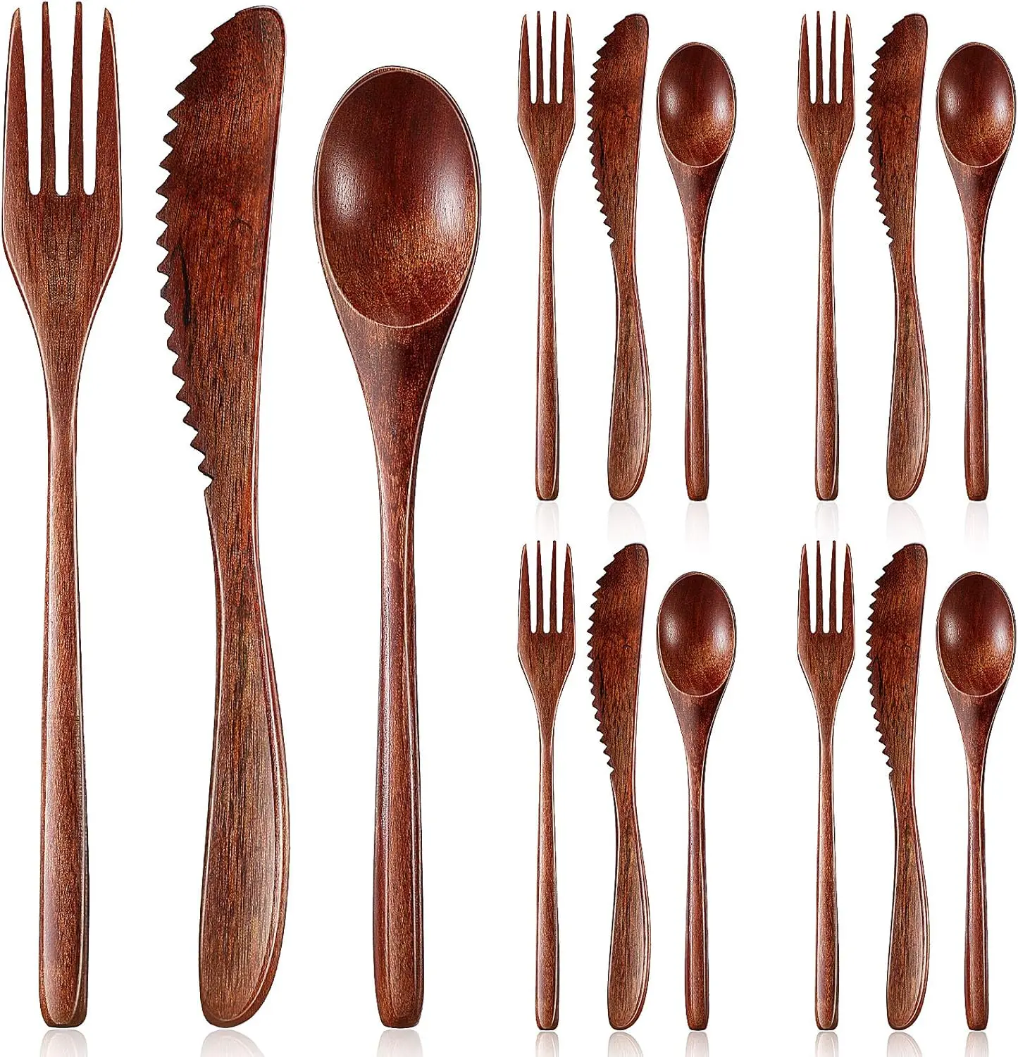 4 Sets Wooden Utensils for Eating Wooden Spoon Fork Knife Cutlery Set Kitchen Wood Dinner Flatware Tableware Set Includes Spoon, Fork, Knife